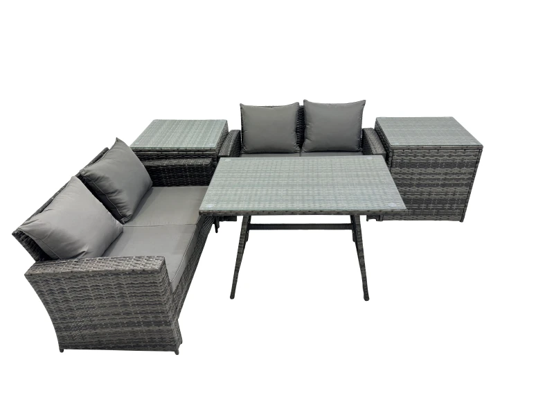 Image of Fimous 4 Seater Outdoor Dining Table Double Seat Sofa 2 Side Table Set in Dark Grey Dark Grey Unisex