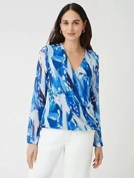 Image of Wallis Abstract Long Sleeve Wrap Top - Blue Size S, Women