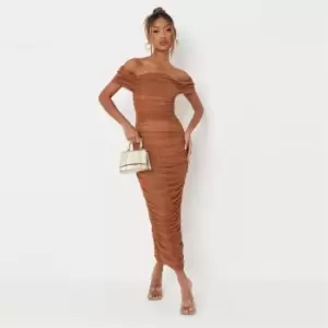 Image of Missguided Mesh Ruched Bardot Midi Dress - Neutral