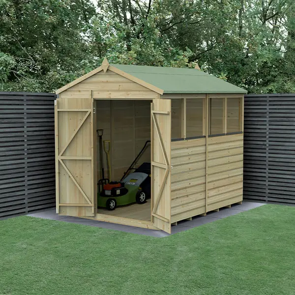 Image of 8' x 6' Forest Beckwood 25yr Guarantee Shiplap Pressure Treated Double Door Apex Wooden Shed - 4 Windows (2.42m x 1.99m)
