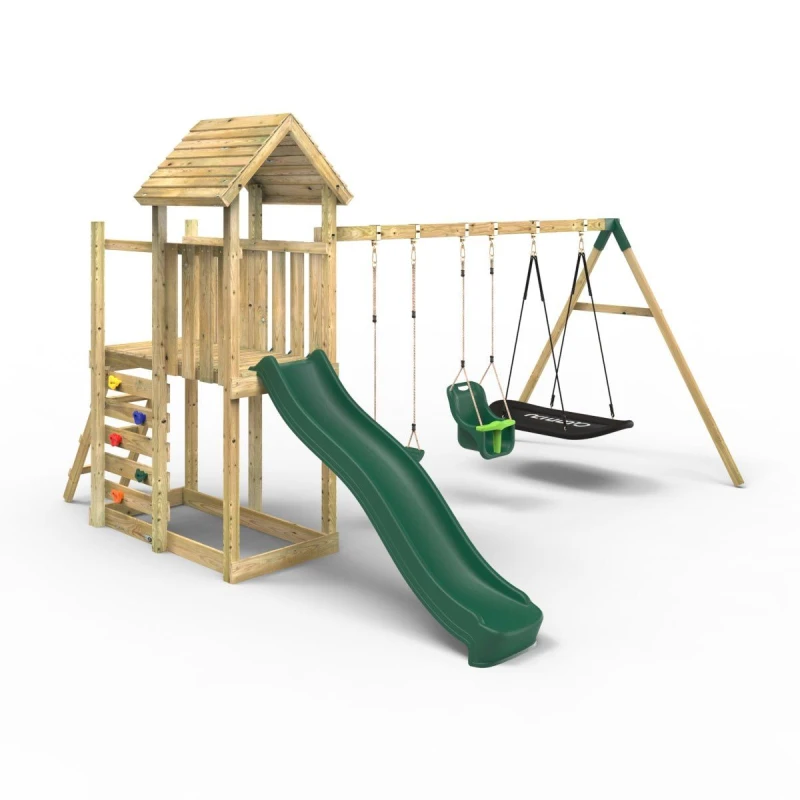 Image of OutdoorToys Extended Tower Garden Wooden Climbing Frame with Swings & Slide for Kids - Snowdon in Beige Beige Unisex