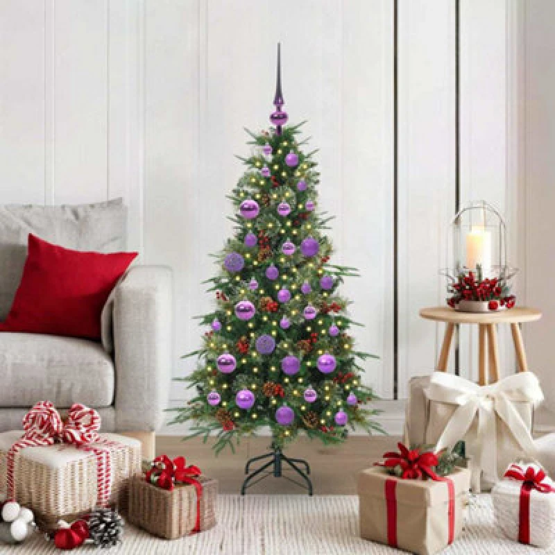 Image of vidaXL Artificial Hinged Christmas Tree with Lilac Balls Green 120cm PE and PVC, Green 3397399