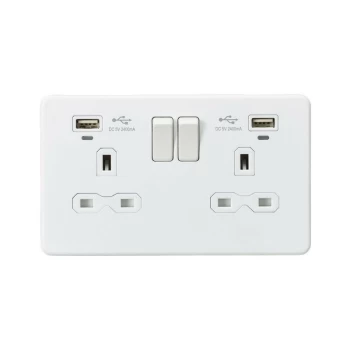 Image of 13A 2G Switched Socket, Dual USB (2.4A) with LED Charge Indicators - Matt White - Knightsbridge
