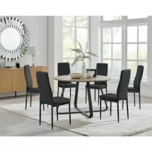 Image of Santorini Brown Round Dining Table And 6 Black Milan Black Leg Chairs - Black