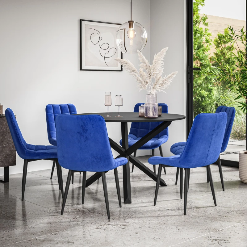 Image of More4Homes Malvern Round Dining Table And Chairs - Black Table Top W Solid Black Oak Legs + Nova Velvet Dining Chair Set Of 6 (Blue)