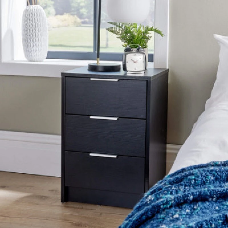 Image of Home Source Phoenix 3 Drawer Bedside Table Storage Unit Black