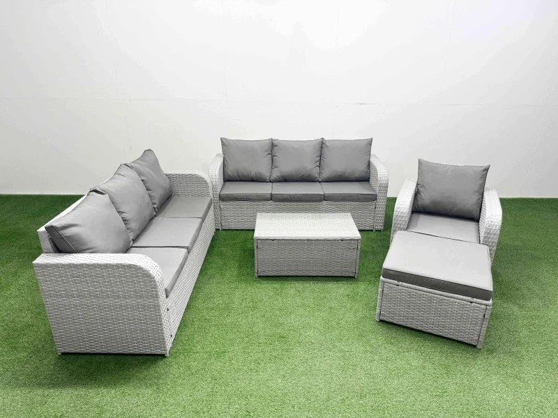 Image of Fimous 8 Seater Poly Rattan Outdoor Garden Furniture Sofa Set Patio 3 Seater Sofa Reclining Chair 3 Seater Sofa Big Footstool Light Grey Light Grey