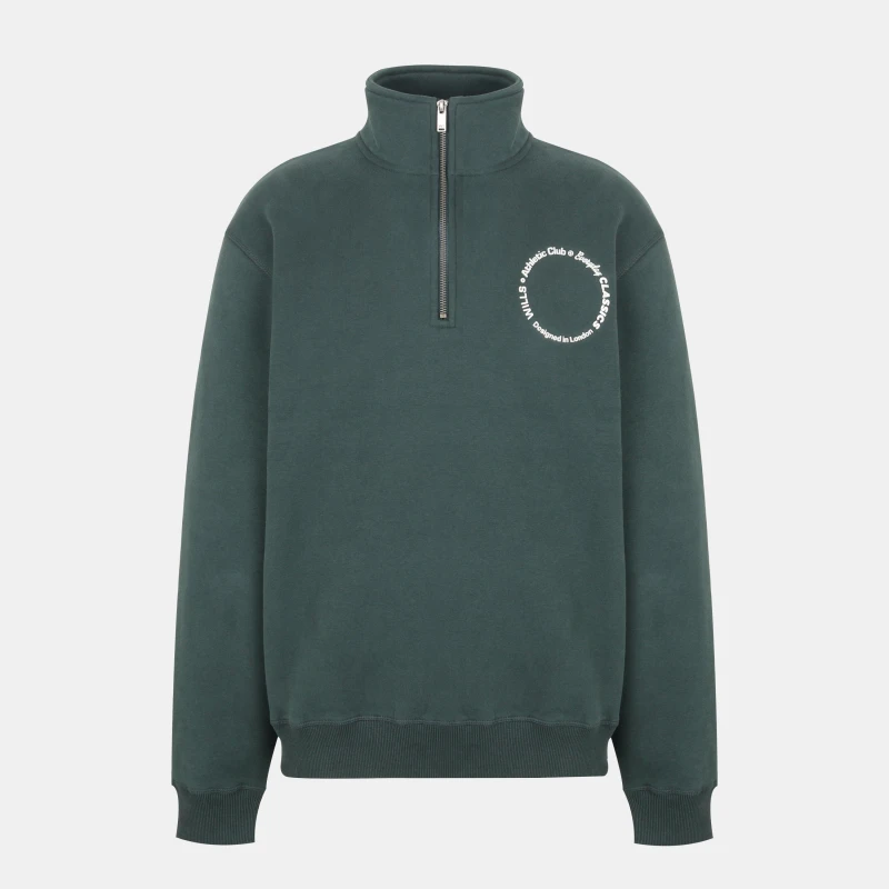 Image of Jack Wills Mens Athletic Cotton Long Sleeve Funnel Neck Oversized Fit 1/4 Zip Fleece Dark Pine male S