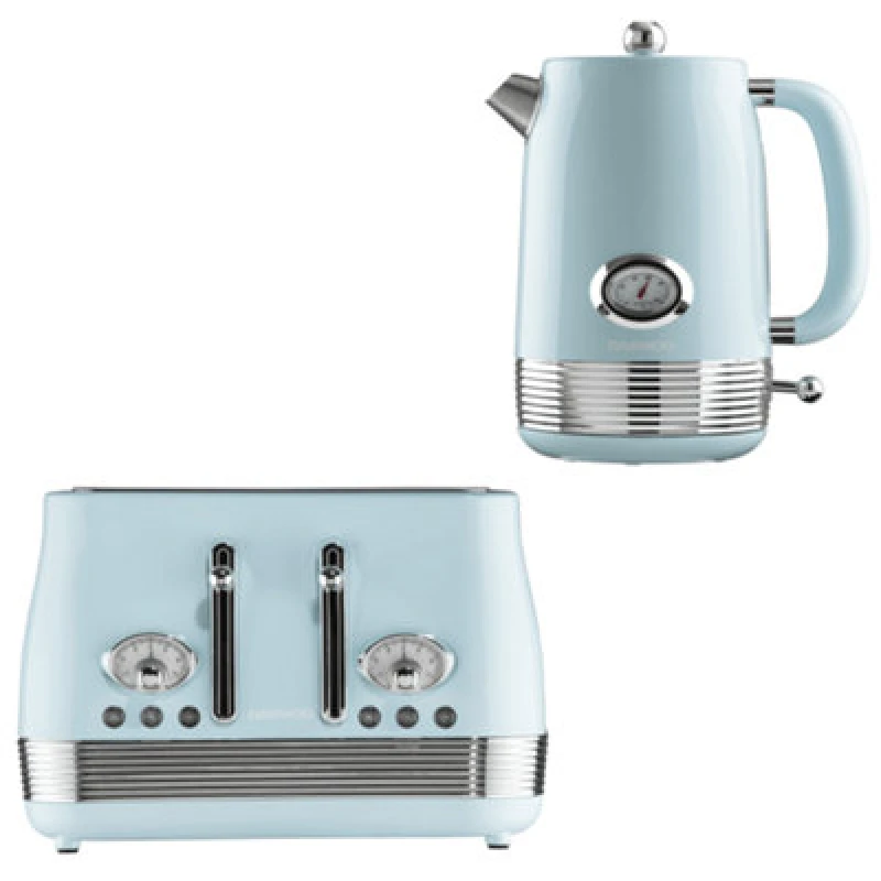 Image of Daewoo Daewoo 'Denver' Retro Matching Kettle and Toaster Set 1.5L Rapid Boil 4 Slice in Blue Blue One Size Unisex 5024996990454