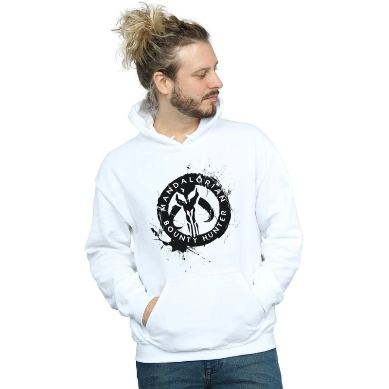 Image of Star Wars Star Wars Men The Mandalorian Bounty Hunter Splatter Skull Hoodie in White Size: Small White S Male 5059400114249
