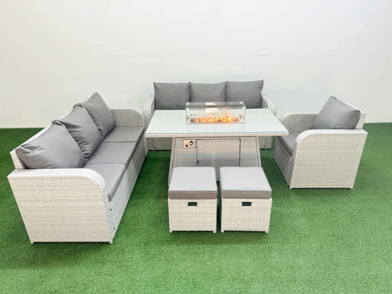 Image of Fimous 9 Seater Poly Rattan Outdoor Garden Furniture Firepit Dining Table Sofa Set Patio 3 Seater Sofa Reclining Chair 3 Seater Sofa Stools Light Grey