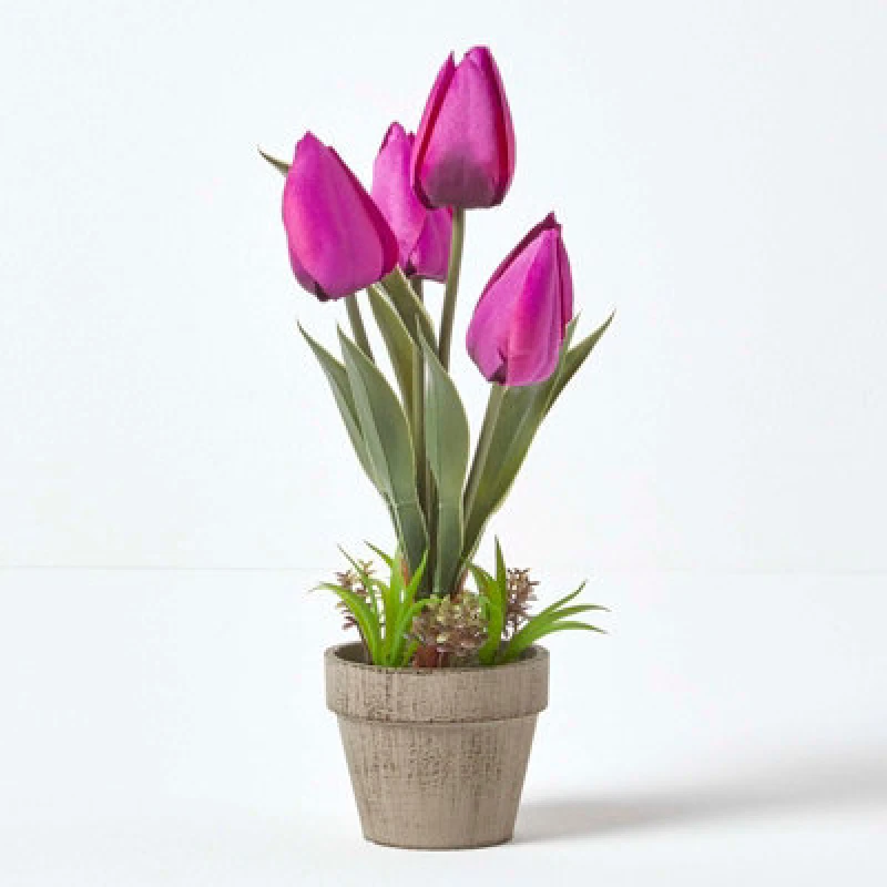 Image of Homescapes Artificial Tulips in Grey Decorative Stone Pot, 27cm Purple