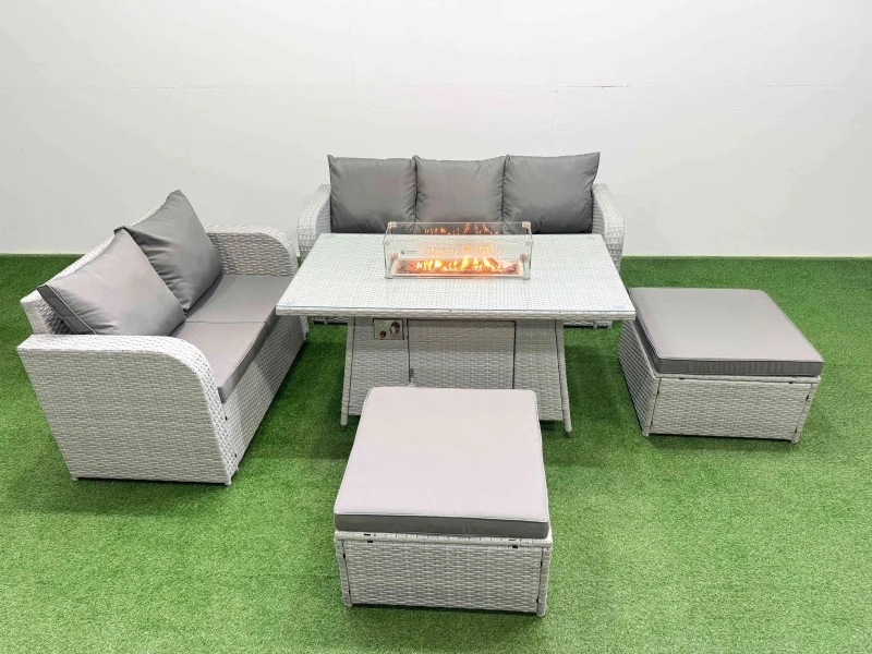 Image of Fimous 7 Seater PE Rattan Wicker Garden Furniture Patio Conservatory Sofa Set with Firepit Dining Table 3 Seater Sofa Love Sofa 2 Big Footstool Light