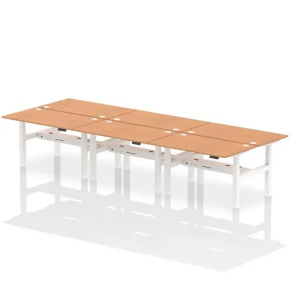 Image of Air Air Back-to-Back 1400 x 800mm Height Adjustable 6 Person Bench Desk Oak Top with Cable Ports White Frame HASCP6P14800OAKW