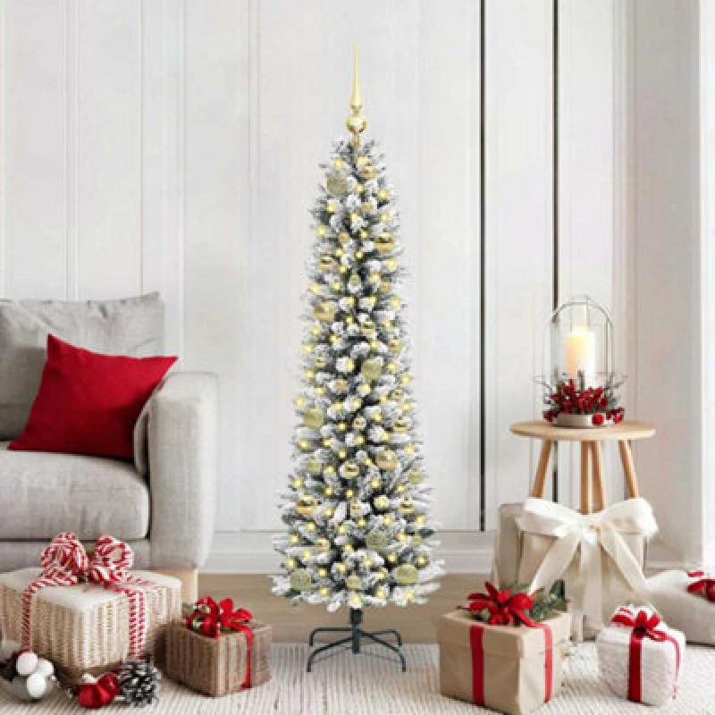 Image of vidaXL Artificial Christmas Tree with 150 LEDs, Gold Balls Green and white 150 cm, Green 3396097