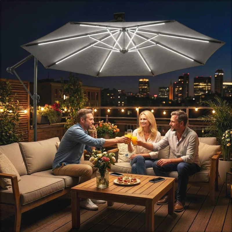 Image of OUTSUNNY 3m Garden Cantilever Parasol with Solar Light, Rotation, Grey Size: 3m x 3m Grey Unisex 3m x 3m