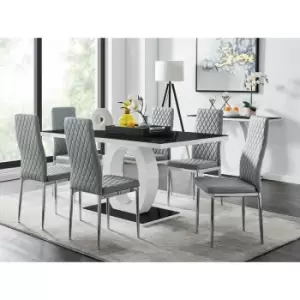 Image of Giovani High Gloss And Glass Dining Table And 6 Grey Milan Chairs Set - Elephant Grey
