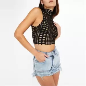 Image of I Saw It First Laser Cut Out High Neck Crop Top - Black