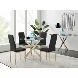 Image of Novara 100cm Gold Round Dining Table and 4 Black Gold Leg Milan Chairs - Black