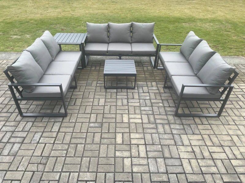Image of Fimous Aluminium 9 Seater Outdoor Garden Furniture Set Patio Lounge Sofa with Square Coffee Table Side Table Conservatory Set Dark Grey Dark Grey Unis