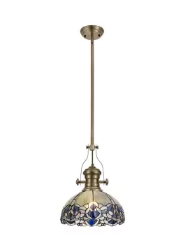 Image of 1 Light Telescopic Ceiling Pendant E27 With 30cm Tiffany Shade, Antique Brass, Blue, Clear Crystal