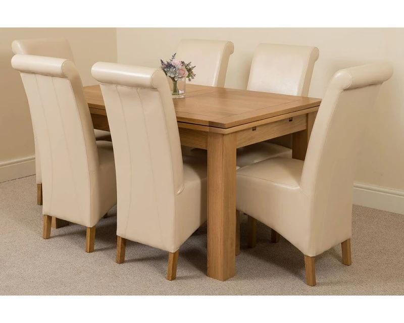 Image of Thats Furniture Richmond 140-220cm Oak Extending Dining Table + 6 Montana Leather Chairs in Cream Cream Unisex