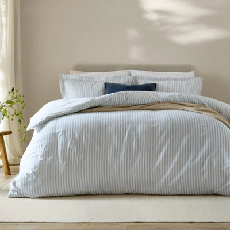 Image of Yard Hebden Striped Cotton Duvet Cover Set, Mineral Blue, King