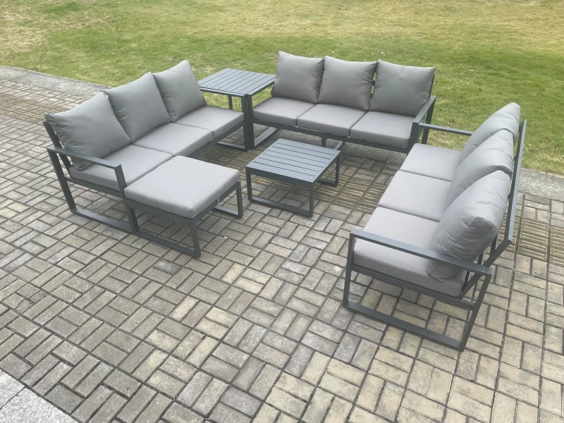 Image of Fimous Aluminium 10 Seater Outdoor Garden Furniture Set Patio Lounge Sofa with Square Coffee Table Side Table Big Footstool Conservatory Set Dark Grey
