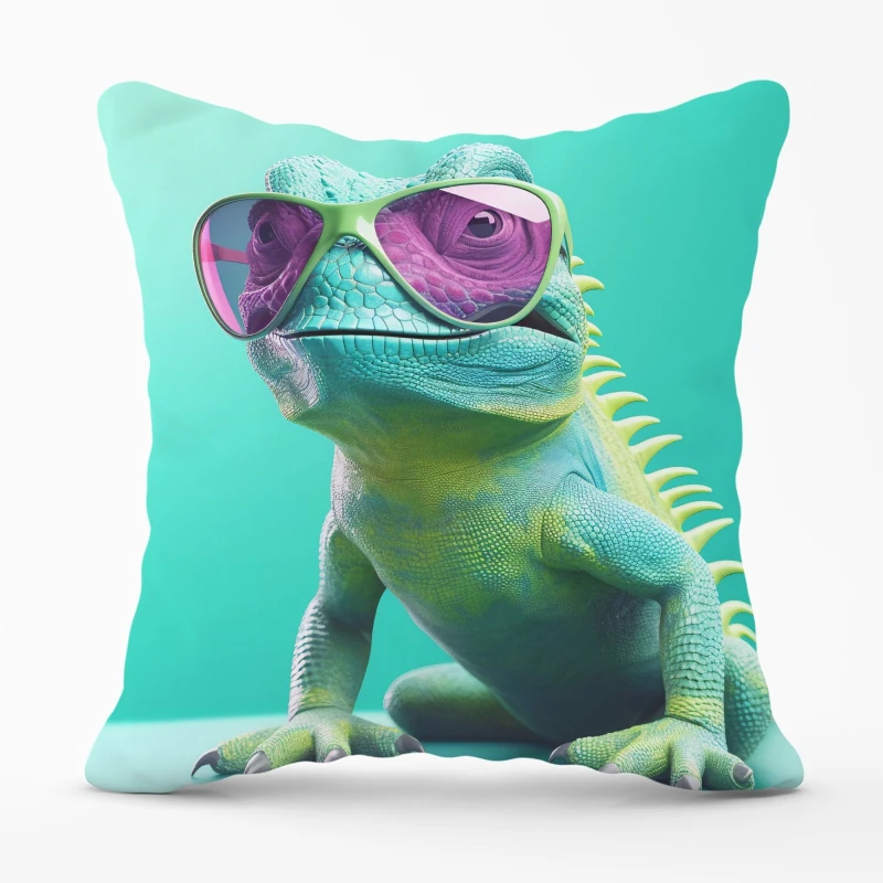 Image of Warren Reed - Designer Happy Splashart Iguana Wearing Glasses Cushions Size: 60cm x 60cm Multicolor Unisex 60cm x 60 cm