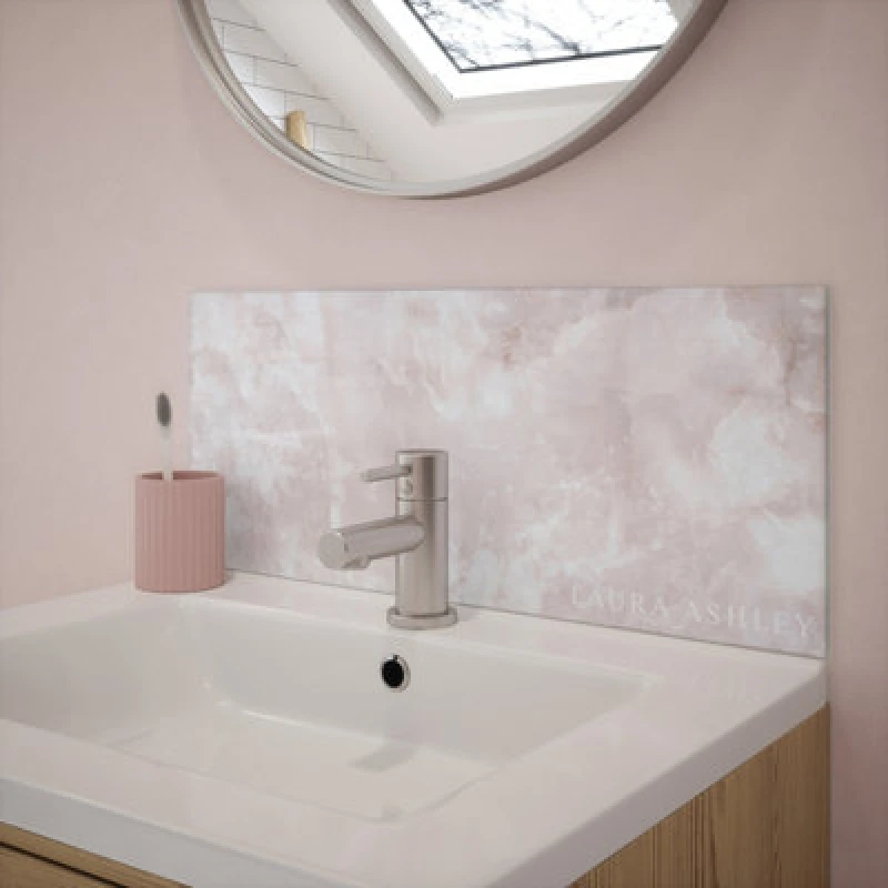 Image of Laura Ashley Glass Self-Adhesive Bathroom Splashback (H)25Cm (W)60Cm - Gloss Blush Onyx Marble Effect