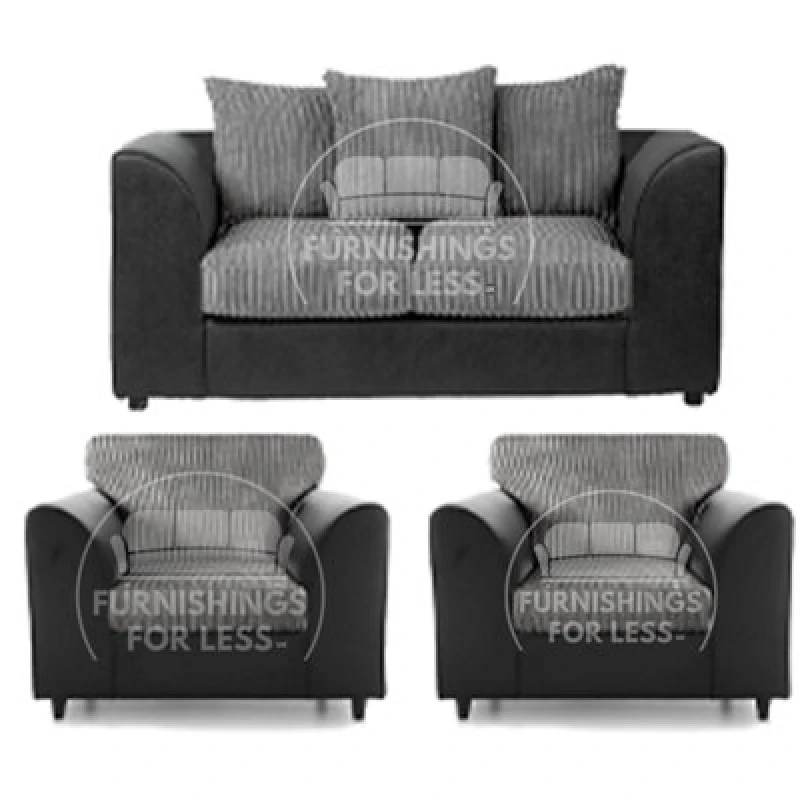 Image of Furnishings For Less UK Luxor Jumbo Cord 2 + 1 + 1 Fabric 3 Piece Sofa Suite - Scatter Back Black And Grey