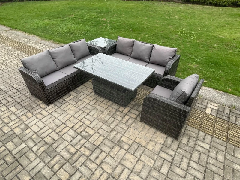Image of Fimous Outdoor Rattan Garden Furniture Sets Height Adjustable Rising lifting Dining Table Sofa Set with Reclining Chair Side Table Dark Grey