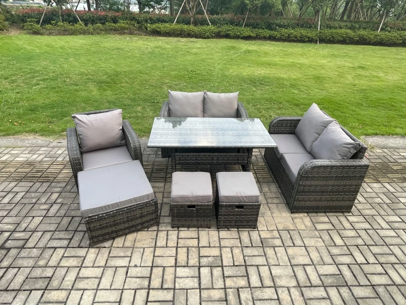 Image of Fimous 8 Seater Lounge Rattan Sofa Set Outdoor Garden Furniture Oblong Rectangular Dining Table With Chairs 3 Footstools Dark Grey Mixed Dark Grey Uni