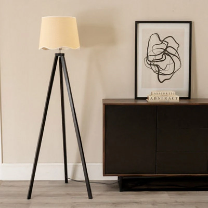 Image of ValueLights Barbro Black Wood Tripod Floor Lamp with Natural Linen Scallop Edge Shade White