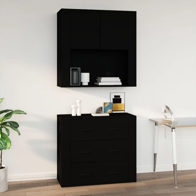 Image of Vidaxl Wall Cabinet Living Room Furniture Wall-mounted Display Side Hanging Top Cabinet Home Organiser Sideboard Black Engineered Wood, Black 816585