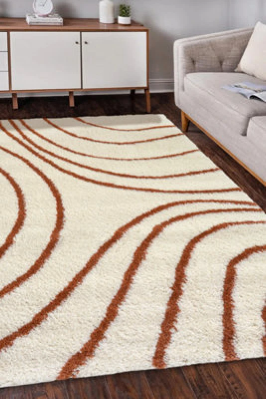 Image of Melrose Shaggy Iso Ivory Patterned Orange Wave Lines Indoor Medium Area Rug 120/170Cm