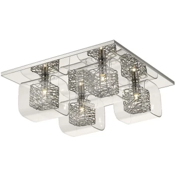 Image of 4 Light Flush Ceiling Light Mesh Chrome, Clear and Glass, G9 - Spring Lighting