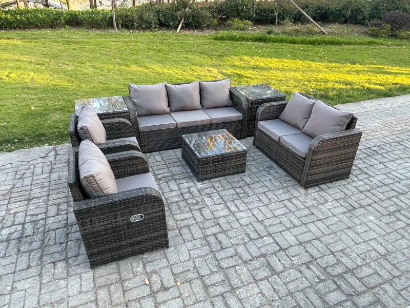Image of Fimous 7 Seater Garden Furniture Set Rattan Outdoor Lounge Sofa Chair With Tempered Glass Table 2 Side Tables Dark Grey Mixed Dark Grey