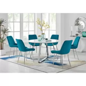 Image of Furniture Box Santorini White Round Dining Table and 6 Blue Pesaro Silver Leg Chairs