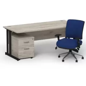Image of Impulse 1800 x 800 Black Cant Office Desk Grey Oak + 2 Dr Mobile Ped & Chiro Med Back Blue W/Arms