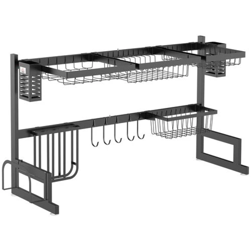 Image of HOMCOM Over The Sink Dish Drainer Rack, 2-Tier Dish Rack for Kitchen, Black Black