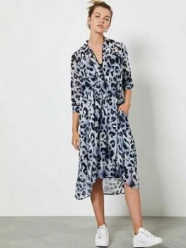 Image of Mint Velvet Audrey Animal Print Cocoon Midi Shirt Dress - Blue, Size 8, Women