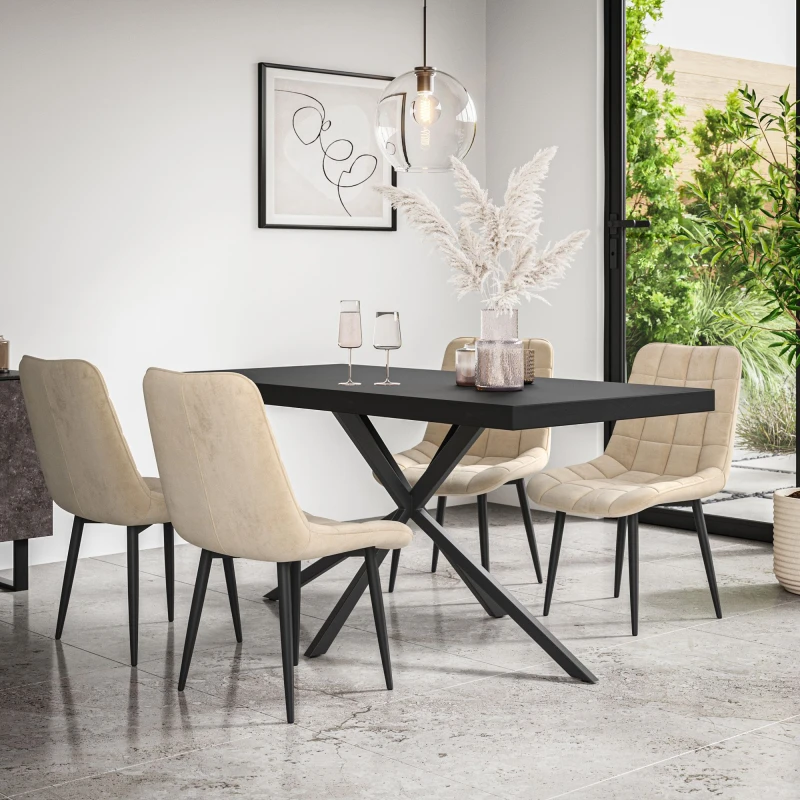 Image of More4Homes Donni Dining Table And Chairs - Black Table Top W Black Legs + Nova Velvet Dining Chair Set Of 6 (Beige)