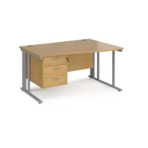 Image of Office Desk Right Hand Wave Desk 1400mm With Pedestal Oak Top With Silver Frame Maestro 25 MCM14WRP3SO