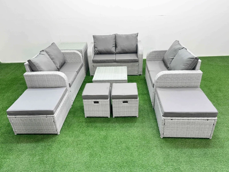 Image of Fimous PE Rattan Love Sofa Set with Coffee Table 4 Footstools Side Table in Light Grey Light Grey Unisex