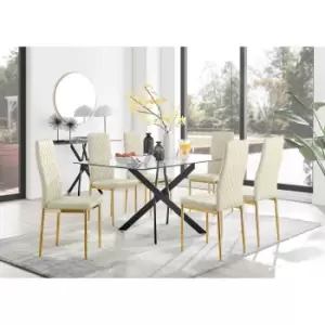 Image of Furniture Box Leonardo Black Leg Glass Dining Table and 6 Cream Velvet Milan Gold Leg Chairs
