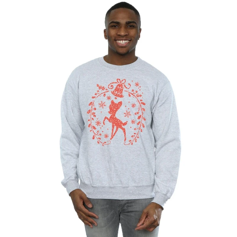 Image of Disney Men Bambi Christmas Wreath Sweatshirt in Grey Size: Small Grey S Male 5057245992572
