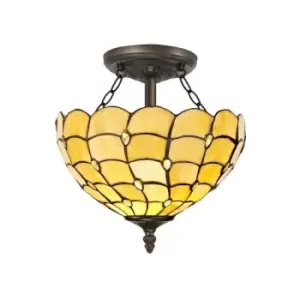 Image of 2 Light Semi Flush Ceiling E27 With 30cm Tiffany Shade, Beige, Clear Crystal, Aged Antique Brass - Luminosa Lighting