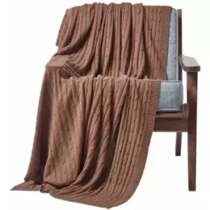 Image of Cotton Cable Knit Throw, Chocolate, 150 x 200cm - Brown - Homescapes