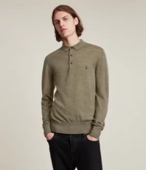 Image of AllSaints Mens Mode Merino Long Sleeve Polo Shirt, Green, Size: XXL